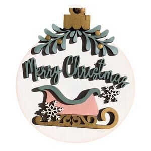 Whimsical  Merry Christmas Holly Snowflake Sled Ornament Hand Painted Wood